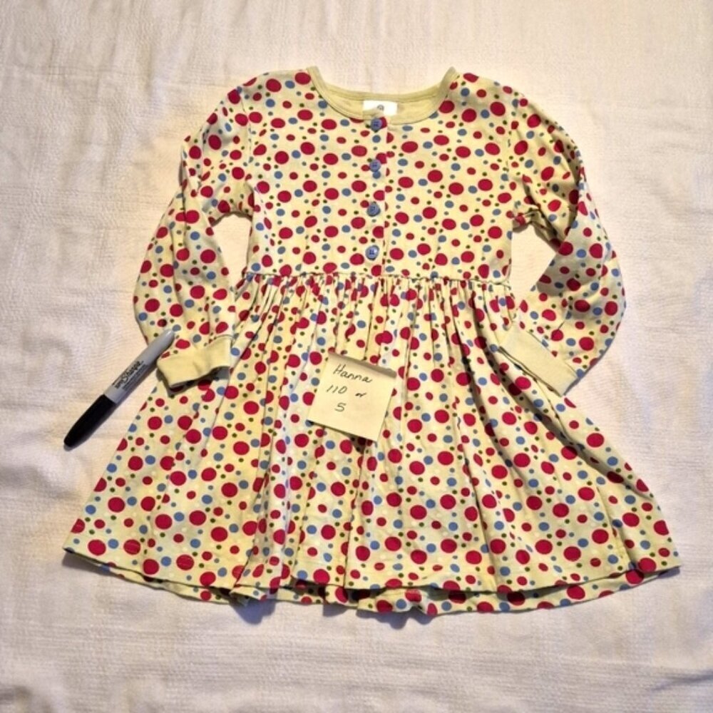 Hanna Andersson girls size 110 or 5 lime with red & blue polka dots, has defects